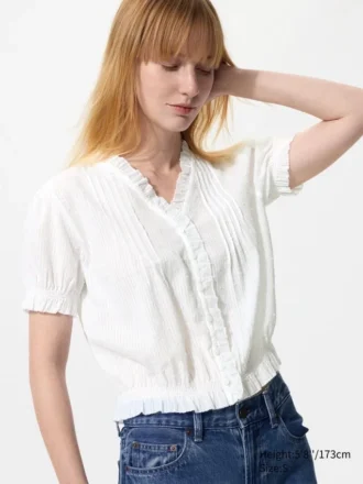 Chemisier à col en V en coton dobby pour femme