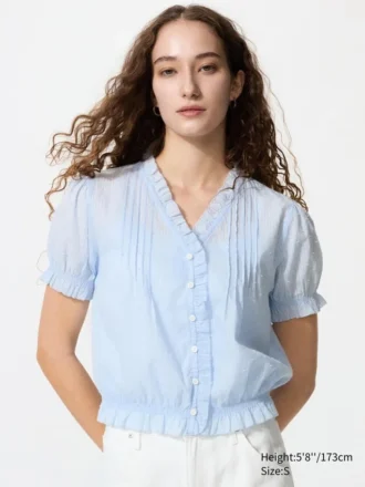 Chemisier à col en V en coton dobby pour femme