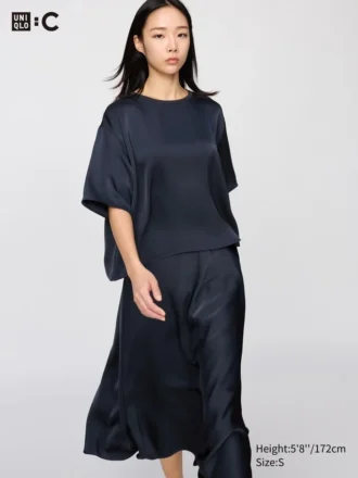 Chemisier court oversize en satin pour femme | Manches courtes Chemisier court oversize en satin pour femme | Manches courtes
