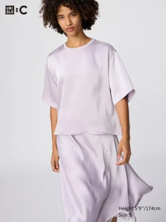 Chemisier court oversize en satin pour femme | Manches courtes Chemisier court oversize en satin pour femme | Manches courtes