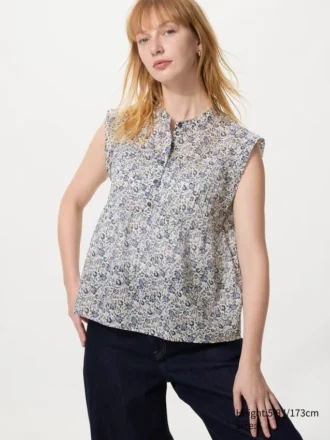 Chemisier femme en coton léger à plis creux | Sans manches | Imprimé Chemisier femme en coton léger à plis creux | Sans manches | Imprimé