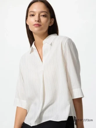 Chemisier femme en rayonne à col skipper et manches 3/4 | Rayée Chemisier femme en rayonne à col skipper et manches 3/4 | Rayée