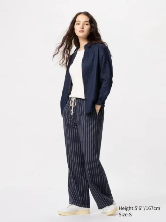 Pantalon facile à porter en mélange de lin pour femme | Rayé