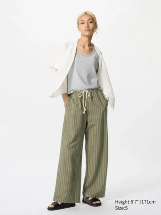 Pantalon facile à porter en mélange de lin pour femme | Rayé