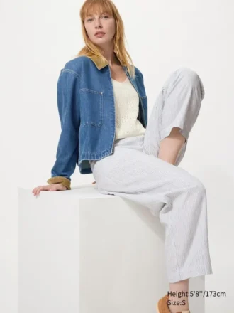 Pantalon fuselé en lin et coton pour femme | Rayé