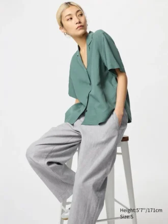Pantalon fuselé en lin et coton pour femme | Rayé