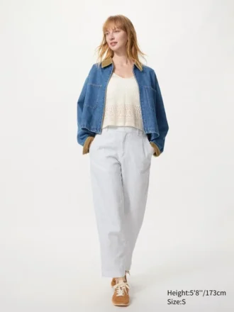 Pantalon fuselé en lin et coton pour femme | Rayé