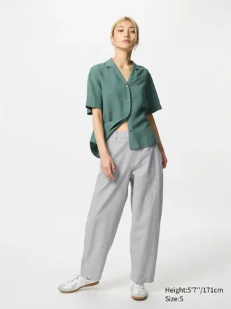Pantalon fuselé en lin et coton pour femme | Rayé