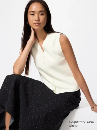 Pull femme à col en V festonné | Sans manches