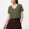 T-shirt à col en V en coton flammé pour femme T-shirt à col en V en coton flammé pour femme