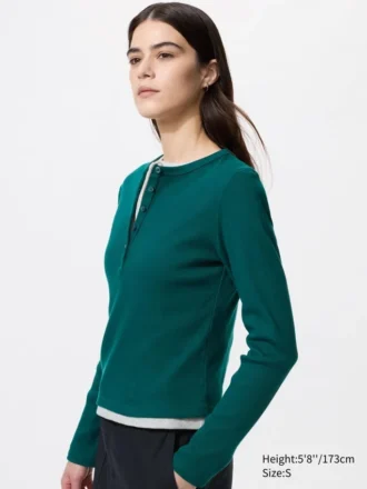 T-shirt à col henley côtelé pour femme
